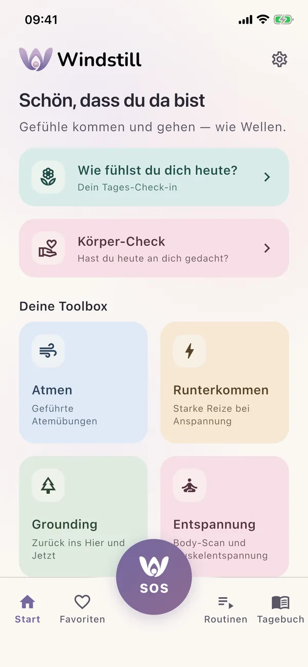 Windstill-Startseite mit Tages-Check-in und der Werkzeug-Übersicht
